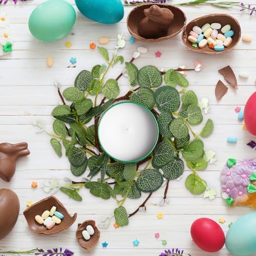 Zerodeko 2Pcs Easter Candle Ring Eucalyptus Leaves Wreath Pillar Candle Holders Mini Green Leaves Wreath Table Decor for Easter Table Centerpiece 8cm