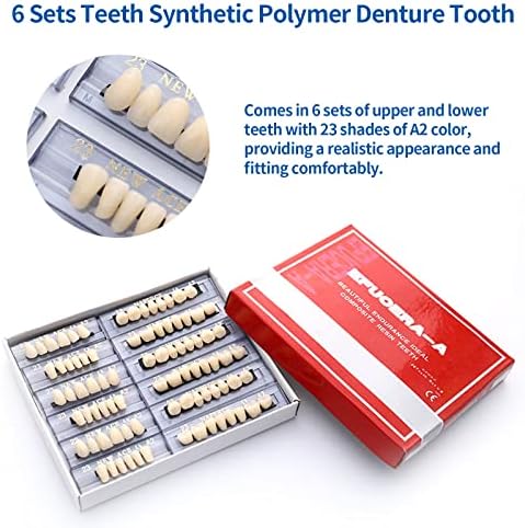 168 Pieces False Teeth Dental Complete Acrylic Resin Denture Teeth, 6 Sets Whole Teeth Synthetic Polymer Denture Tooth, 23 Shade A2 Upper + Lower Dental Materials for Replacement, DIY, or Halloween