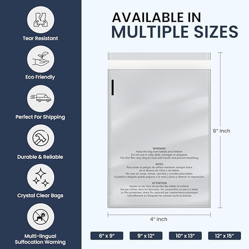 6x9 Clear Poly Bags with Suffocation Warning 200 Count – Permanent Seal Adhesive, Durable BPA-Free Plastic – Crystal Clear Packaging Bags for FBA, Clothes, Shipping, Retail, Storage and Mailing