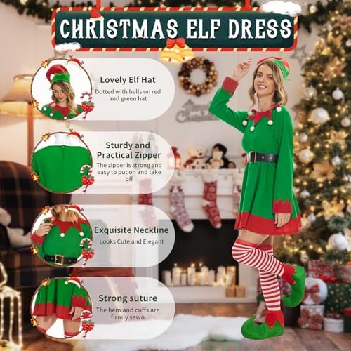 6Pcs Womens Christmas Elf Costume Adult Santa Helper Costume Christmas Dress Accessory for Xmas Fancy Outfit Party