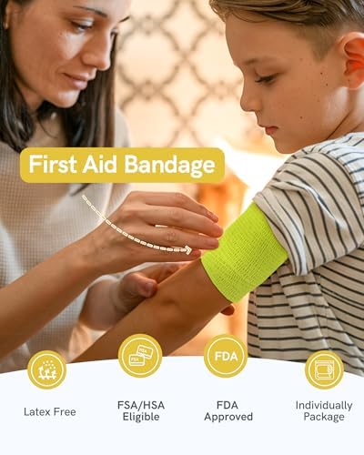 FriCARE Self Adhesive Bandage Wrap, Medical Tape in First Aid Kit, Cohesive Bandages for Wounds Sport Vet, 2 Inches X 5 Yards 6 Rolls, Fluorescent Yellow