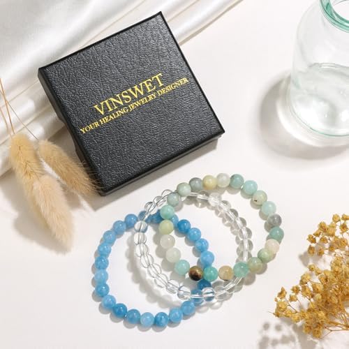Vinswet Healing Crystal Bracelets for Women Men 8mm Tiger Eye Hematite Black Obsidian Natural Stone Beaded Stretch Bracelet Triple Protection Handmade Gemstone Reiki Spiritual Jewelry Gifts