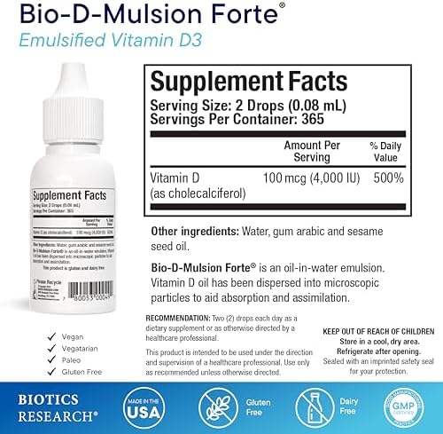 Biotics Research Bio-D-Mulsion Forte Liquid Vitamin D Drops 4000 IU – Vitamin D3 2000iu /Drop for Adults –Best Absorption, Strengthens Bones, Supports Cardiovascular & Immune System -1 fl oz