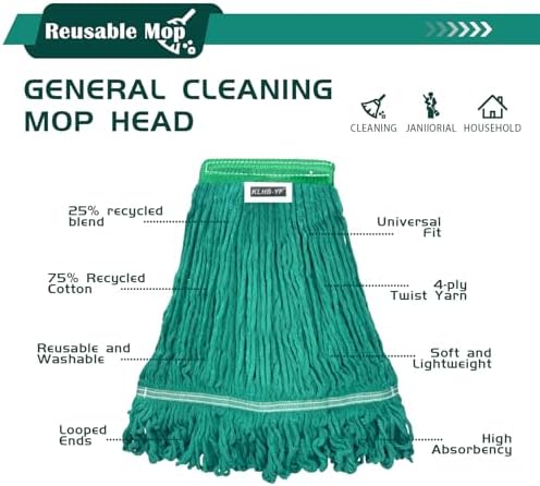 Heavy Duty Wet Industrial Cleaning Mop Head – 21 oz Green mop Head Replacement Cotton Washable Industrial mop Heads Heavy Duty for Commercial & Home Cleaning（Green）