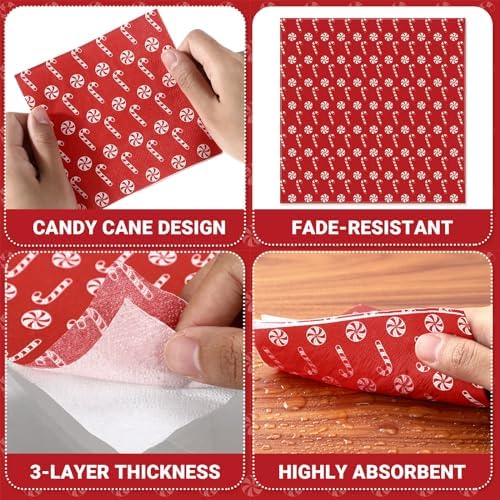 Honoson Cocktail Guest Napkins Paper Disposable Beverage Dinner Napkins Hand Towel for Holiday Birthday Party Supplies Favors Table Decoration(100 Pcs,Christmas Candy Cane)