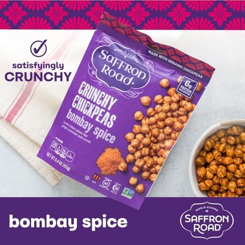 Saffron Road Roasted and Crunchy Bombay Spice Chickpeas | High Protein Snacks | Gluten-free | Vegan High Fiber Snacks | Certified Halal and Kosher | 5.4oz Pouch | Pack of 6