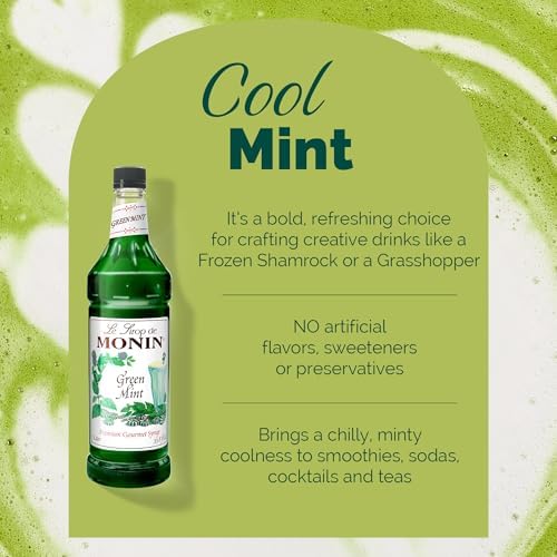 Monin - Green Mint Syrup, Bold Peppermint Coolness, Natural Flavors, Great for Smoothies, Sodas, Cocktails, and Teas, Non-GMO, Gluten-Free (1 Liter)