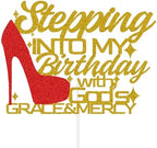 Stepping Into My Birthday With God's Grace & Mercy Cake Topper, Happy Birthday Cake Party Decorations for Girls Women Gold & Red Glitter