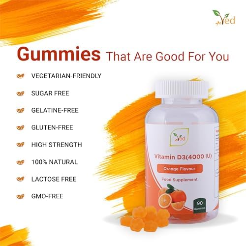 Ved Vitamin D3 Gummies for Adults 4000IU, Non GMO- Gluten Free, Orange Flavour -High Strength 90 Chewable Gummies (3 Month Supply)
