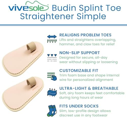 VIVEsole Budin Splint Toe Straightener (Pair) - Hammer Toe Corrector for Women, Men - Crooked Toe, Joint Realign Cushion Brace for Claw, Curled Toes - Metatarsal Support Loop Guard Alignment Wrap