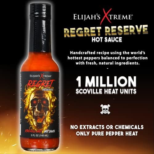 Elijah's Xtreme Regret Reserve Hot Sauce - Carolina Reaper, Trinidad Scorpion, and Habanero Pepper - 5oz bottle contains 70% of the hottest peppers in the world