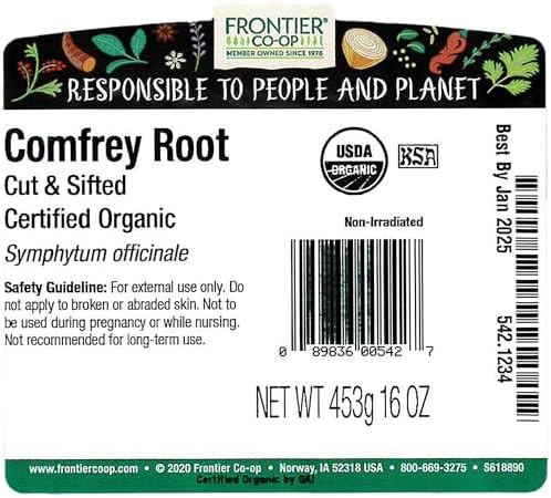 Frontier Co-op Comfrey Root, Cut and Sifted, Certified Organic, Kosher | 1 lb. Bulk Bag | Symphytum officinale L.