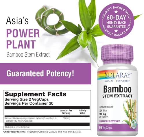 SOLARAY Bamboo Silica Supplement for Men & Women - Bamboo Stem Extract Capsules for Skin, Hair, & Nails, 600 mg per Serving, Herbal Support for Collagen Production, Vegan - 60 Veg Cap Ct