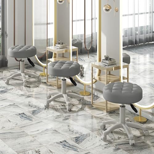 Round Rolling Stool Chair | Faux Leather | Height Adjustable Swivel Drafting Work SPA Medical Salon Stools | with Wheels | Office Chair Small | Soft Cushion (Grey)