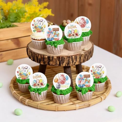 40Pack Edible Round Happy Easter Cupcake Toppers Easter Bunny Floral Rabbit Ears Lily Flowers Cupcake Picks for Easter's Baby Shower Birthday Party Cake Decorations Easter Sunday Party Decors