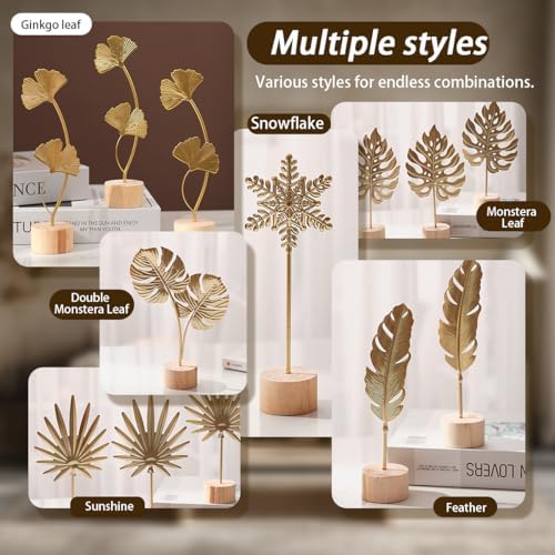Gold Leaf Home Decor Set - Metal Leaves Statues, Modern Artistic Sculptures for Living Room, Office, Shelf & Home Decorative, Handmade 3D Botanical Accents (Monstera, Feather, Ginkgo, 3PCS)