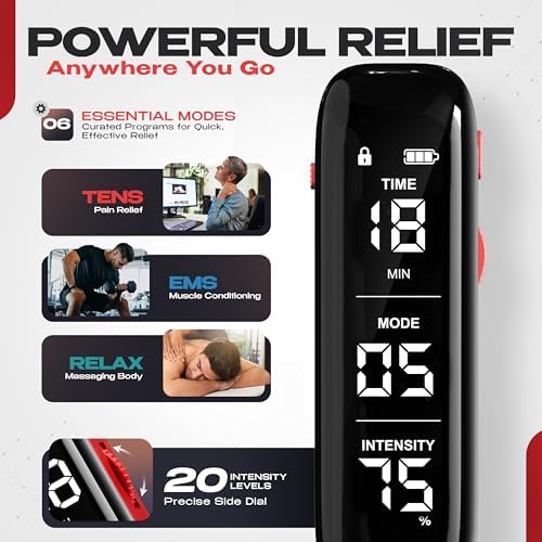 TENS Unit Muscle Stimulator Slim for Pain Relief, Physical Therapy & Muscle Recovery, Portable EMS Pulse Massager Machine for Back, Neck & Shoulder Pain, Red
