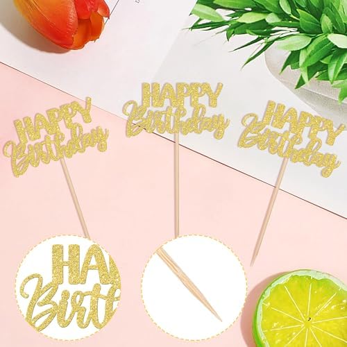30 PCS Happy Birthday Cupcake Toppers Glitter Happy Birthday Cupcake Picks for Celebrating Anniversary Theme Party Cake Decorations Supplies Gold