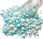 SE Si&Moos White and Light Blue Pearl Sprinkles for Cake Decorating Edible Pearl Cake Decorations Baby Blue and White Sprinkles for Cake, Cupcake, Baby Shower Birthday Party Holiday Christmas Supplies 3.5 OZ