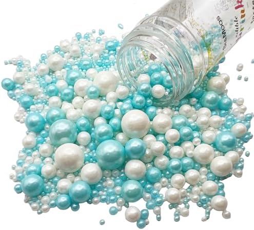 SE Si&Moos White and Light Blue Pearl Sprinkles for Cake Decorating Edible Pearl Cake Decorations Baby Blue and White Sprinkles for Cake, Cupcake, Baby Shower Birthday Party Holiday Christmas Supplies 3.5 OZ