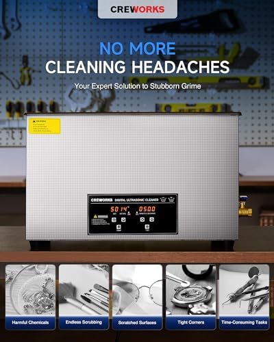 CREWORKS 30L Digital Ultrasonic Cleaning Machine with Heater and Timer, 600W Stainless Steel Ultrasonic Cleaner Machine, 7.9 gal Ultrasonic Parts Cleaner for Retainer Glasses Auto Tool Machine Part