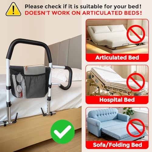 Bed Rails for Elderly Adults Safety, Foldable Bed Guard Rails, Assist Bar for Seniors Fit King/Queen/Full/Twin Size, Gifts for Seniors, Adjustable Heights & Storage Pocket