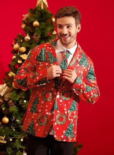 Arvilhill Men's Christmas Blazer with Tie - Ugly X-Mas Festive Jacket - Christmas Theme Party Suit for Men (S-XXL)