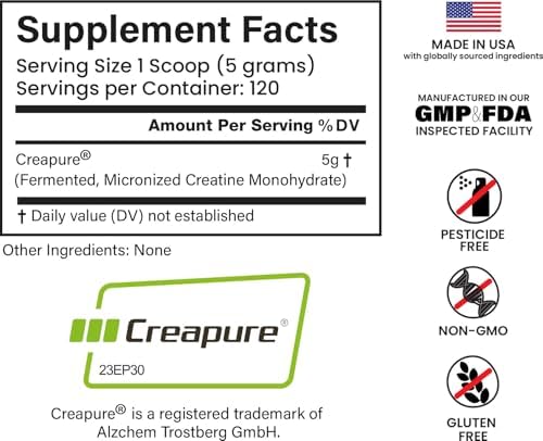 Creapure Creatine Monohydrate 600grams (120 Servings) Unflavored, Non-GMO, Vegan Fermented, Third-Party Lab Tested. Made with Halal and Kosher Certified Ingredients.