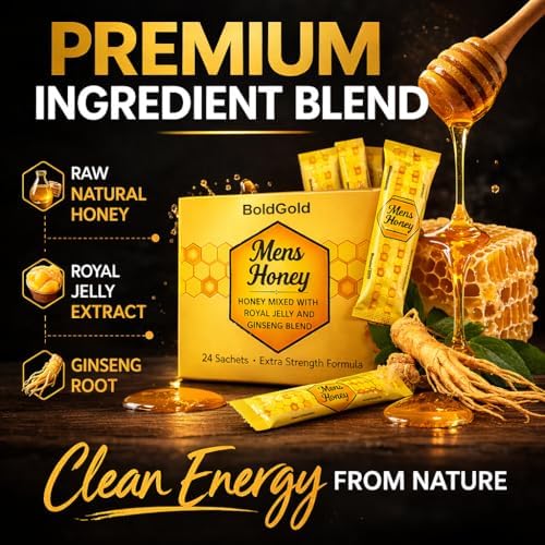 BoldGold Mens Honey, Royal Jelly and Ginseng Blend, Extra Strength, No Added Sugar, 24 Sachets, 18g Each