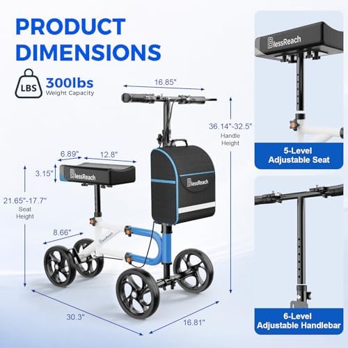 Knee Scooter，Knee Scooter for Adults for Foot Surgery，Knee Walker for Foot Injuries Compact Crutch Alternative with Dual Braking System (Blue)