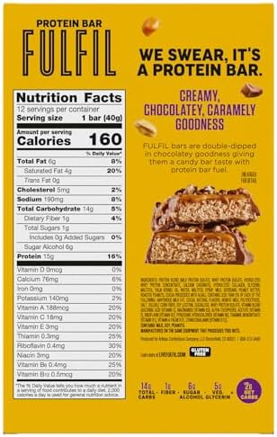 FULFIL Protein Snack Bars, Chocolate Peanut Caramel Flavored, Gluten Free with 15g Protein, Pantry Staples, 12 Count