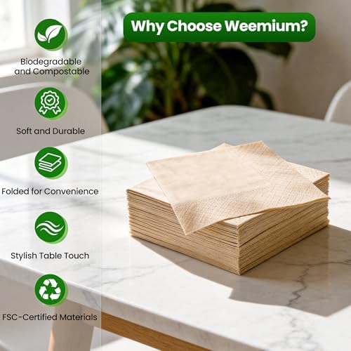 Weemium Cocktail Napkins Bulk, 2-Ply, 5 x 5 Inch Folded [12 Packs of 100, Total 1200 Count] Soft, Biodegradable & Compostable Bamboo Cocktail Napkins Paper for Beverage, Bar Parties & Everyday Use