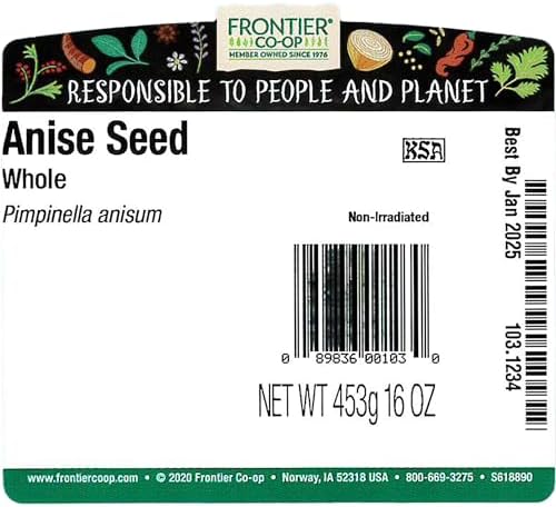 Frontier Co-op Organic Whole Anise Seed, 1lb Bulk Bag - Sweet Licorice-Like Spice for Baking, Slaws, Liqueurs, and Meat Dishes - Kosher | 16 Ounce (Pack of 1)