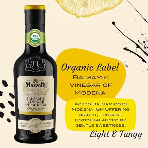 Mazzetti Organic Label Balsamic Vinegar of Modena PGI, 8.45 Fl Oz, Light & Balanced, Perfect for Dipping, Soups, Salads, Grilled Vegetables, USDA Organic, Crafted in Italy