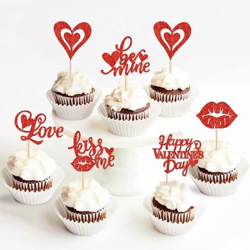 24 PCS Happy Valentine's Day Cupcake Toppers Glitter Love Heart Lip Kiss Me Love Be Mine Cupcake Picks for Valentine's Day Theme Wedding Party Cake Decorations Supplies Red