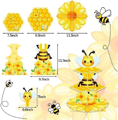 Bee Birthday Party Decorations 3 Tier Bee Cupcake Stand Honeycomb Cupcake Stand Sunflower Decor for Birthday Party Decorations