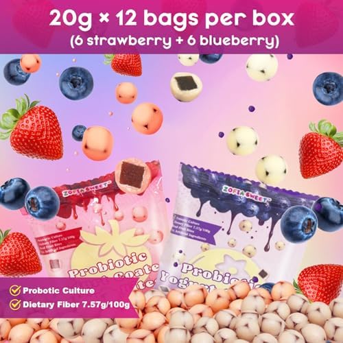 Zofia Sweet Yogurt Covered Fruit Snacks Variety Pack, 0.7oz - 12 Pouches Net 8.5oz (Strawberry 6 + Blueberry 6), Yogurt Coated Probiotic Fruits Bites, Dietary Fiber + Real Fruit, Healthy Snacks, 120Ct