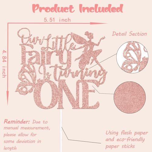 LANKBACK Our Little Fairy is Turning One Cake Topper Happy 1st Girl's Birthday Party Supplies Girl Fairy First Birthday Decorations Rose Gold