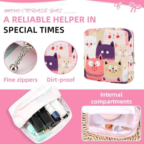 Sanitary Napkin Storage Bag,Period Bag,Portable Period Bag for Teen Pads Sanitary Napkins Small Tampons First Period Gifts for School Hygiene Bags Travel Containers (Cat)