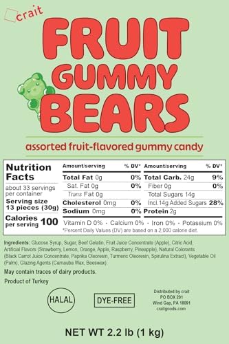 Gummy Bears Bulk Bag Dye Free Candy, Halal Gummies Fruit Flavored Gummy Bears 2.2 Pounds