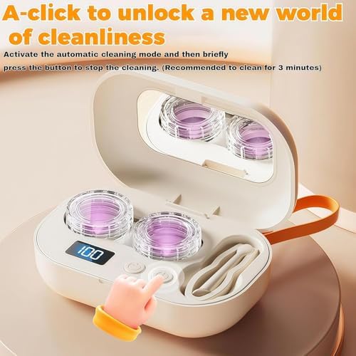 Portable Rechargeable Ultrasonic Contact Lens Cleaner Case, Compact Deep Cleaning Device, Contact Lens Cleaner Machine with 3-Minute Cycle, Mirror & Tweezers for Travel, Office (1Pcs)