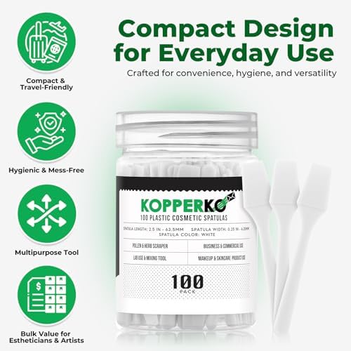 Kopperko Mini Skin Care Spatula (2.5", 100 Pack) - Small Spatula for Makeup, Creams & Crafts | Makeup Applicator for Mixing, Cosmetic, Face Mask | Disposable Cosmetic Applicators | White