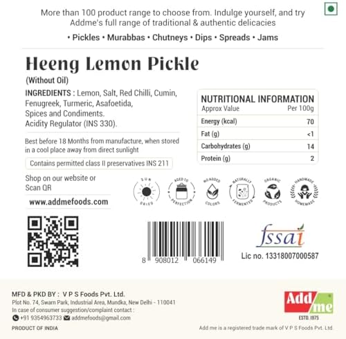 Add me Lemon Pickle Without Oil Sweet and Sour Lime Pickles with mild Hing - 500g nimbu ka heeng achar Homemade Recipe & Taste