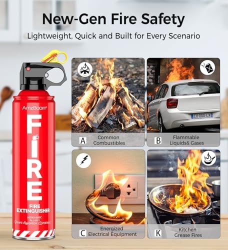 AmzBoom 2-Pack Fire Extinguisher for Home, Kitchen, Car, and Grill with Mounting Bracket– Extinguishing Spray, Compact A, B, C, K – Eco-Friendly, Prevents Reignition.
