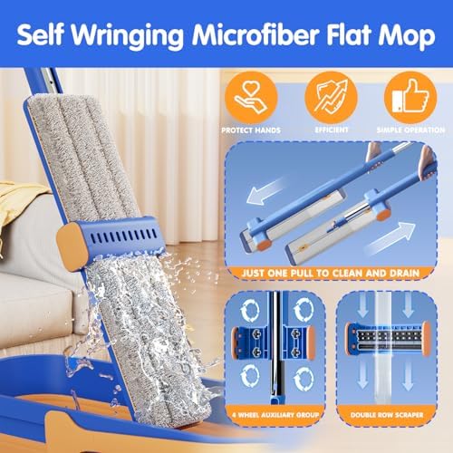 Self Wringing Microfiber Flat Mop and Bucket System with 16.5" Large Head and 55" Long Handle for Floor Wall Cleaning, 5 Microfiber Pads and Foldable Bucket, Wet and Dry