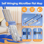 Self Wringing Microfiber Flat Mop and Bucket System with 16.5" Large Head and 55" Long Handle for Floor Wall Cleaning, 5 Microfiber Pads and Foldable Bucket, Wet and Dry