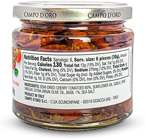CAMPO D'ORO - Sundried Cherry Tomatoes in Oil, Made with Fresh Basil, Glass Jar 6.35oz, 100% made in Italy, Sicilian Bruschetta Recipe