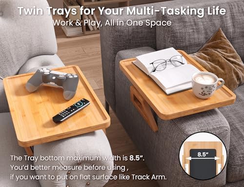 2 Pack Couch Arm Tray,Bamboo Folding Sofa Tray,Sofa Armrest Trays Clip-On Couch Desk for Drinks,Snacks,Phone,Remote Control（Natural）