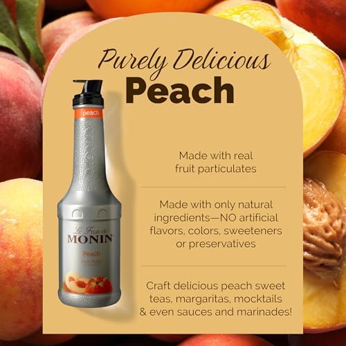 Monin - Peach Fruit Purée Multi-Pack | Premium Purée for Cocktails, Smoothies & More | Clean Label with No Artificial Flavors, No Artificial Preservatives (BPA-Free Plastic Bottle, 1 Liter, 4-pack)