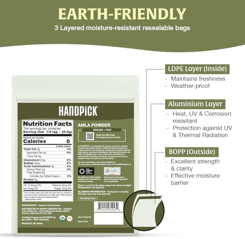 HANDPICK Organic Amla Powder (14oz) Amalaki, USDA Organic, Non-GMO | 100% Raw and Natural - Lab Tested for Purity | Indian Gooseberry Powder | Resealable Zip Lock Pouch